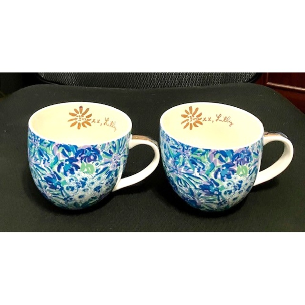 Lilly Pulitzer 12 Ounce Blue Ceramic Coffee / Tea Cup Mug Gold Handle Set Of 2